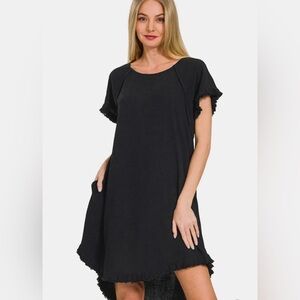 Zenana Fringe Edge High Low Flowy Dress with Pockets